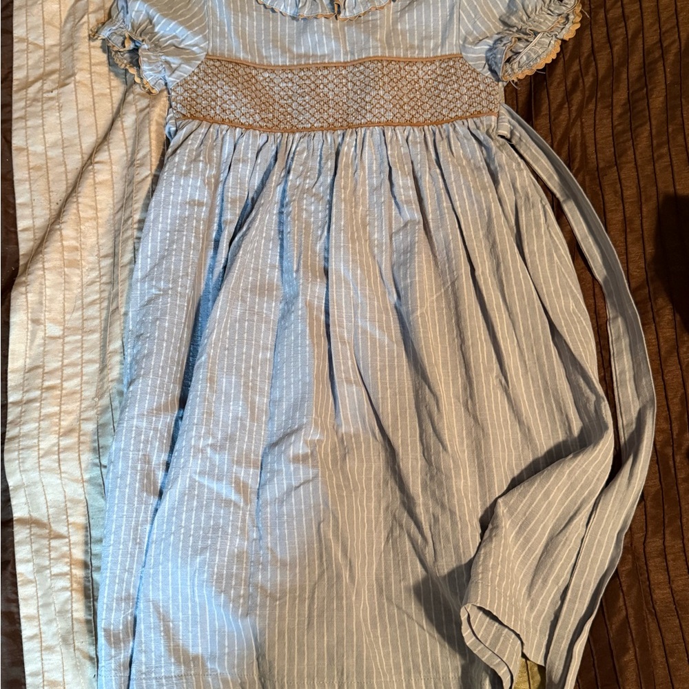 Girls' Blue Striped Casual Dress with Smocked Waist
